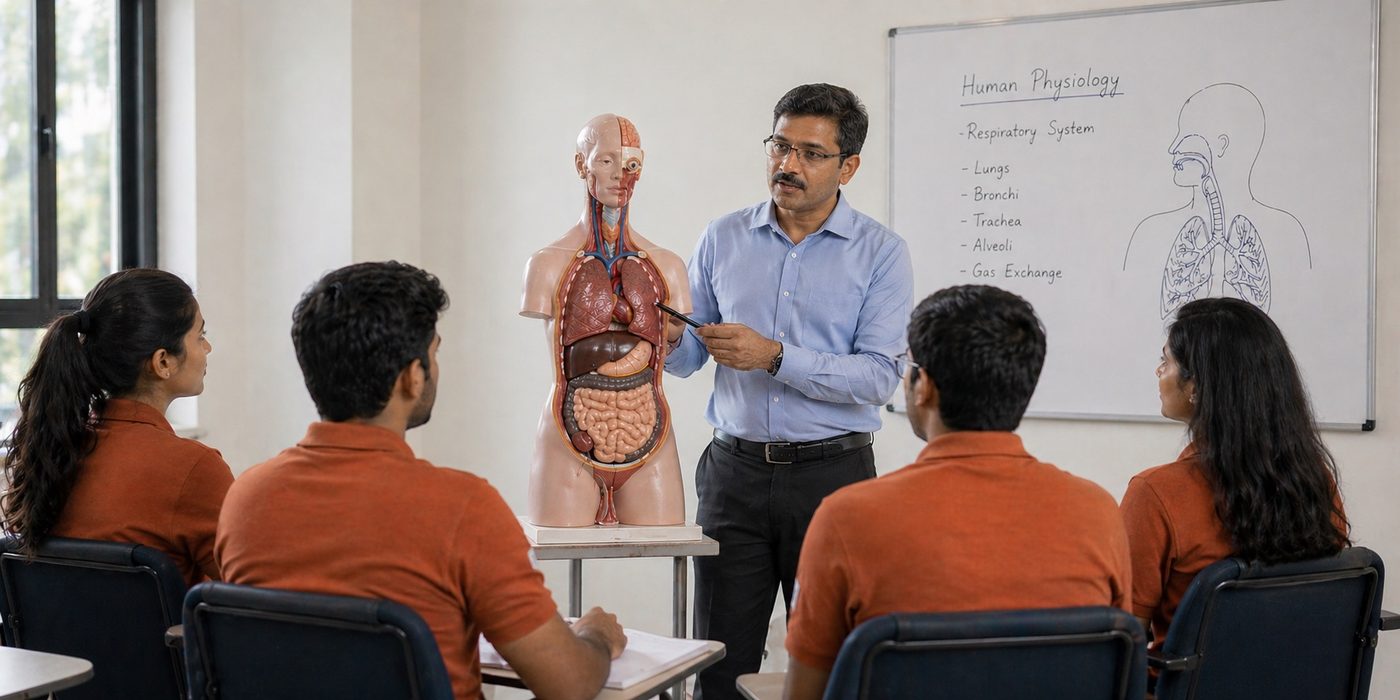 Faculty teaching human physiology with anatomy model at Navvidya Education