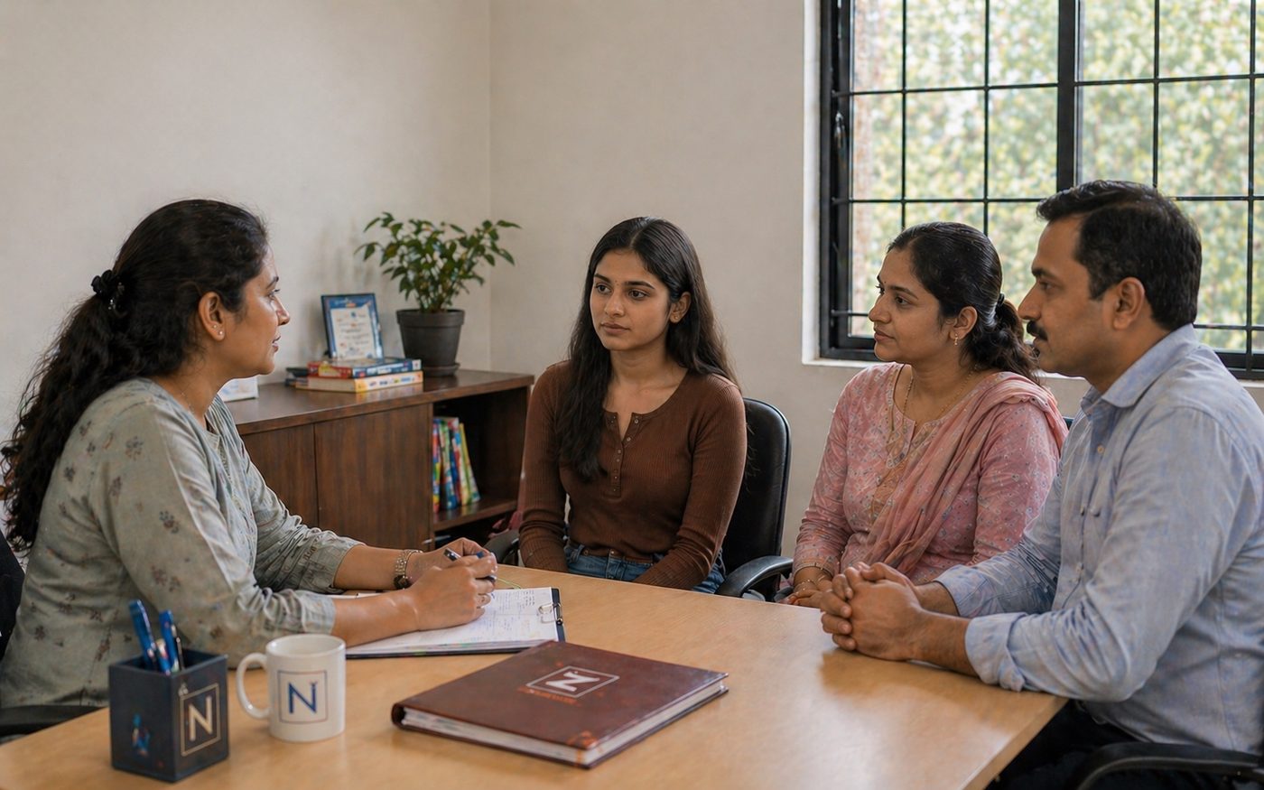 Student and parents in career counselling session at Navvidya Education Shahdara