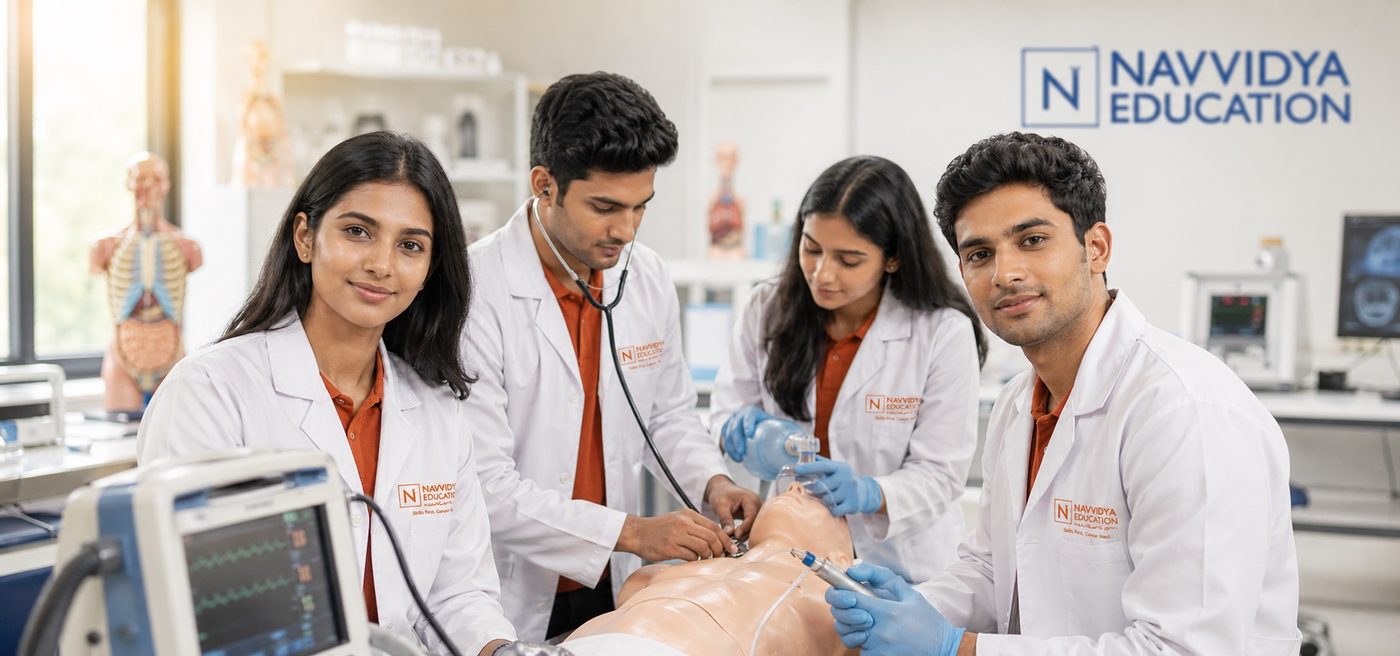 Students practicing clinical skills at Navvidya Education healthcare training lab in Shahdara Delhi