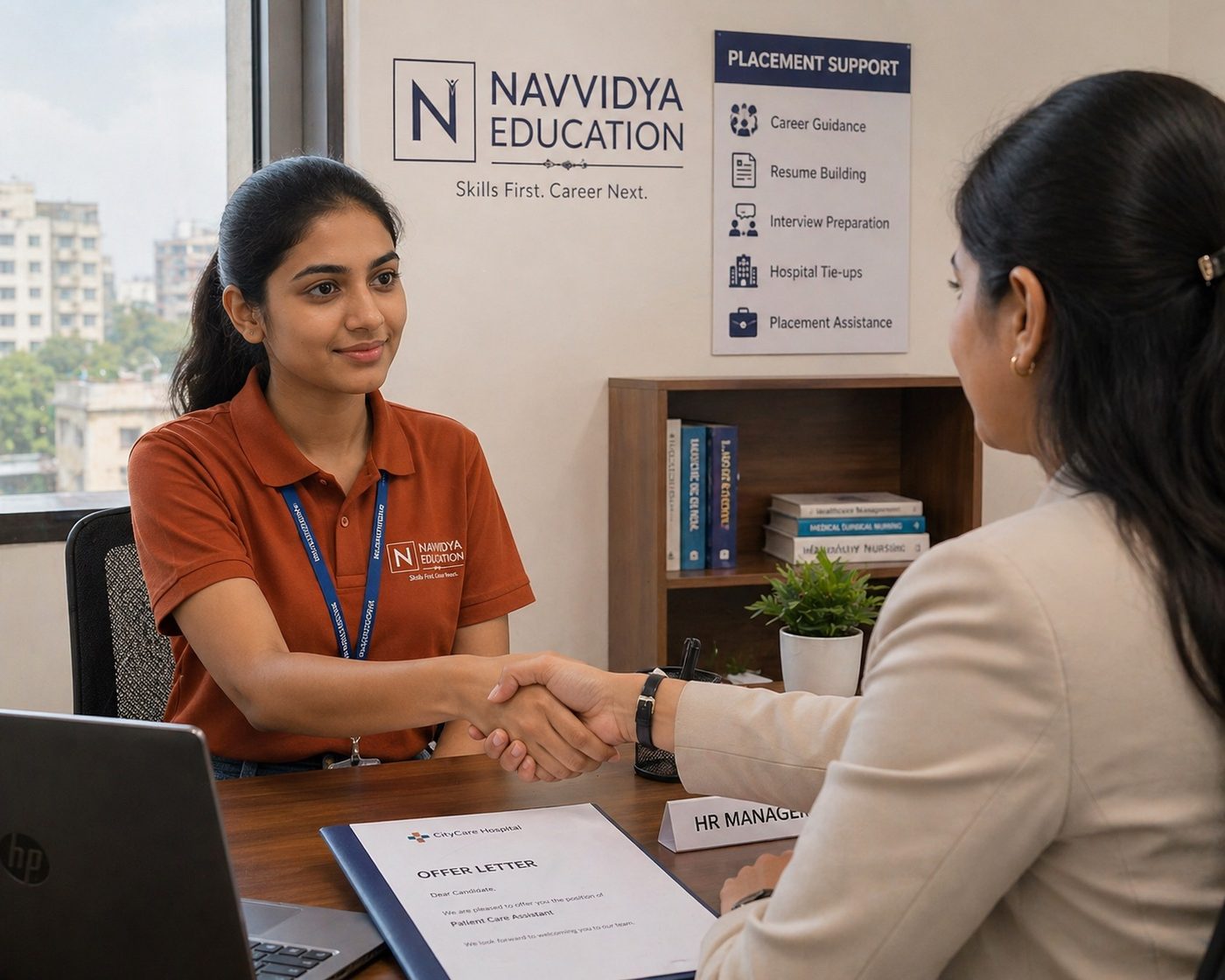 Navvidya student receiving job placement offer from hospital HR